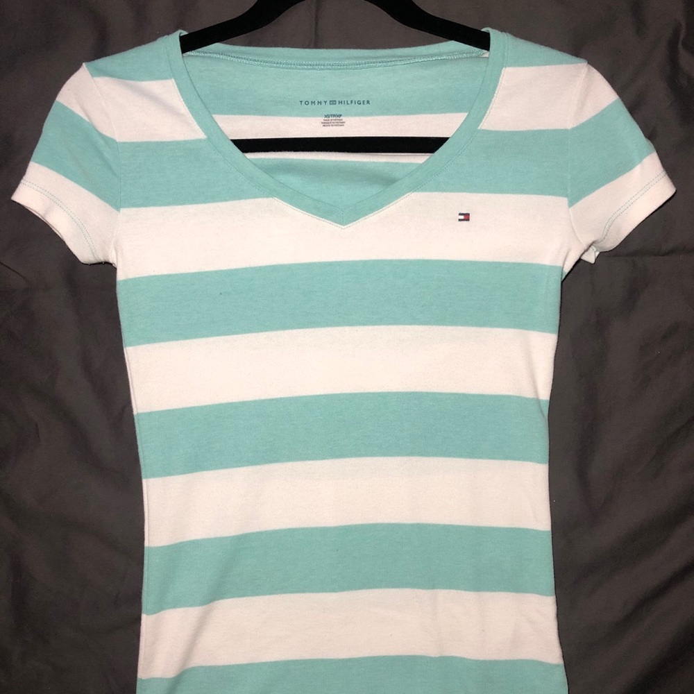 Turquoise & white Tommy Hilfiger V neck shirt